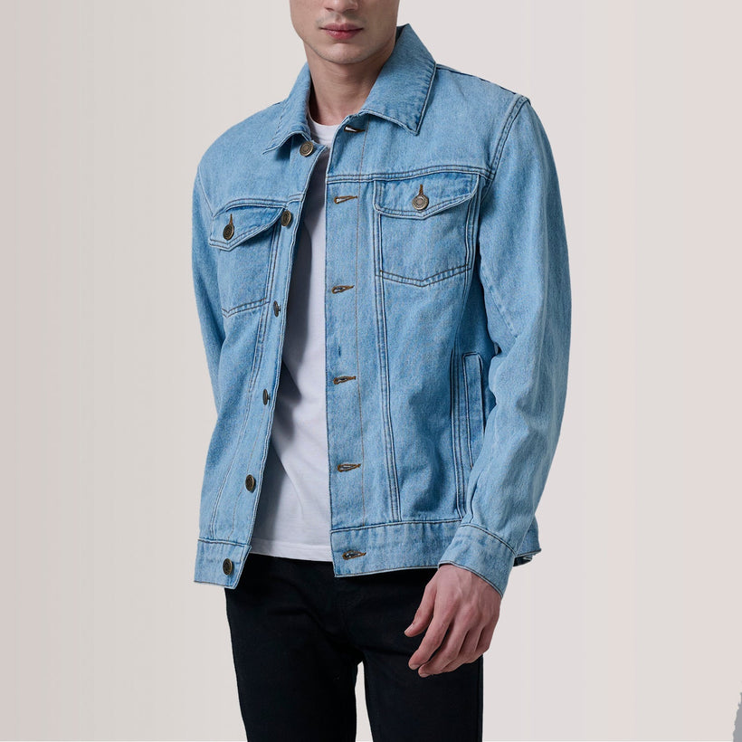 Conard Light Blå Denim Trucker Läderjacka för Herr