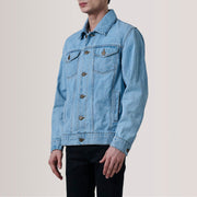 Conard Light Blue Denim Trucker Läderjacka för Herr For Men - Lateral Side Profile View Showing Sleeve Cut &amp; Athletic Taper Fit