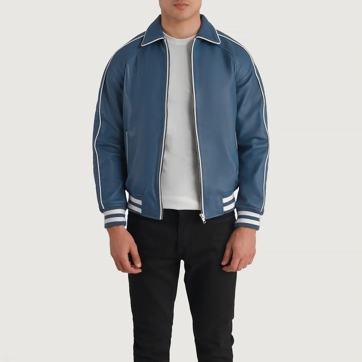 Cooper Blue Leather Varsity Läderjacka för Herr in Blue Sheepskin Leather - Front Profile View &amp; Tailored Silhouette | Buy Online