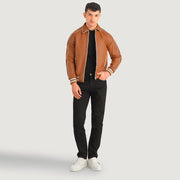 Cooper Ljusbrun Brun Leather Varsity Läderjacka för Herr in Tan Brown Sheepskin Leather - Front Profile View &amp; Tailored Silhouette | Buy Online