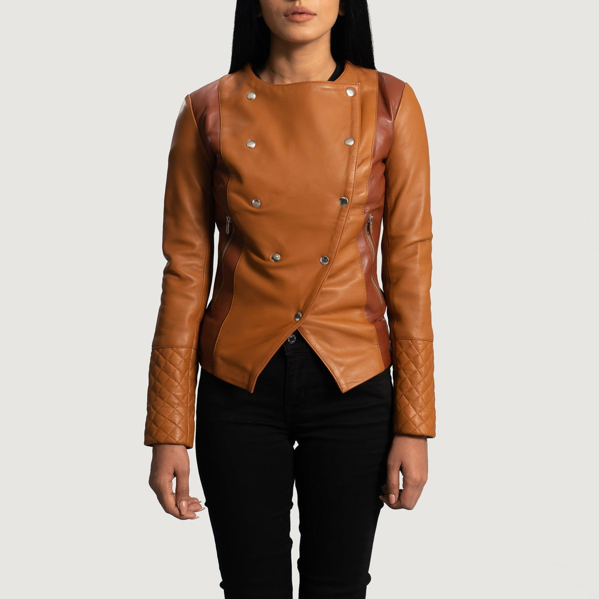 Women's County Ljusbrun Overlap Läderjacka för Dam in Tan Brown Sheepskin Leather - Front Profile View &amp; Tailored Silhouette | Buy Online