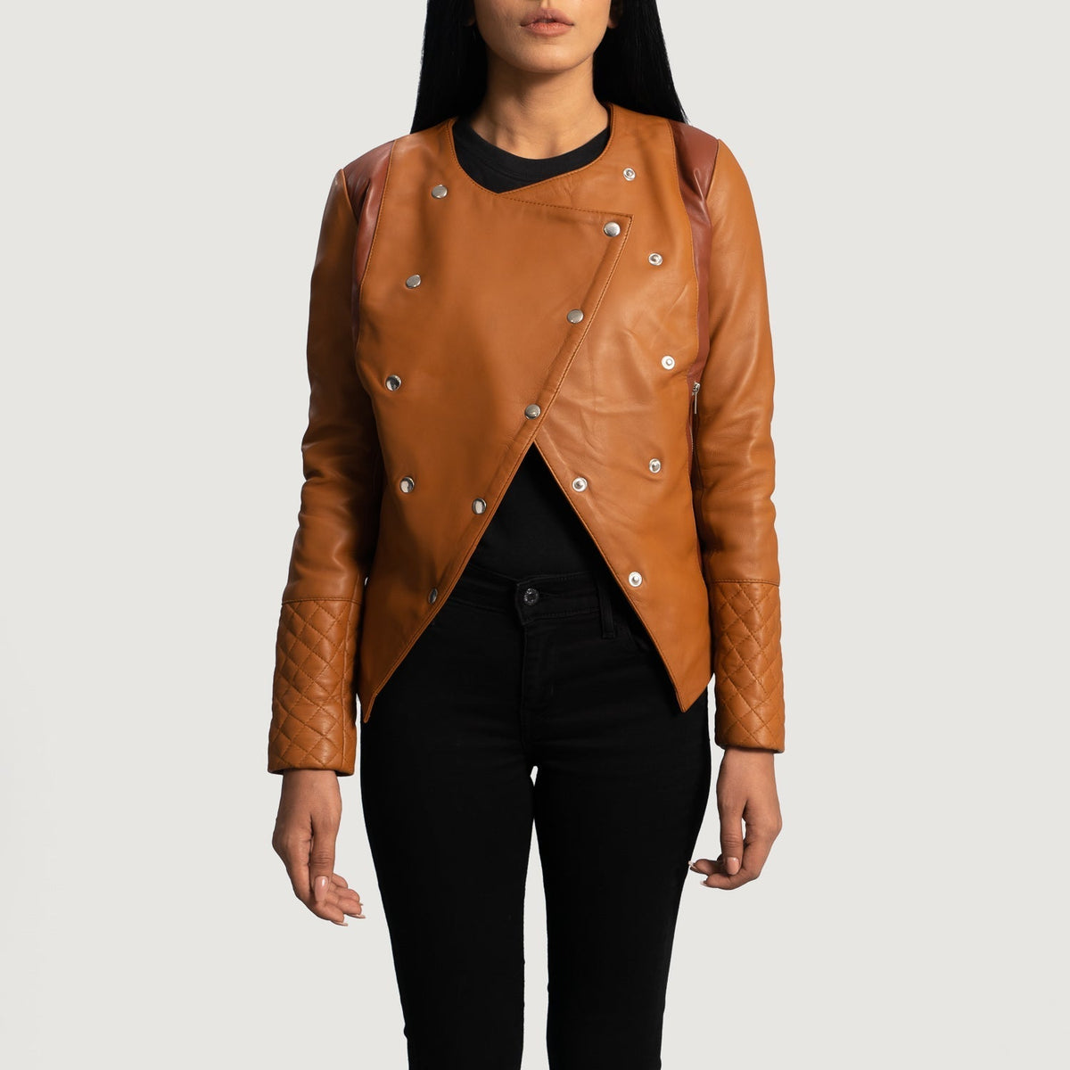 Women's County Ljusbrun Overlap Läderjacka för Dam - Lateral Side Profile View Showing Sleeve Cut &amp; Athletic Taper Fit