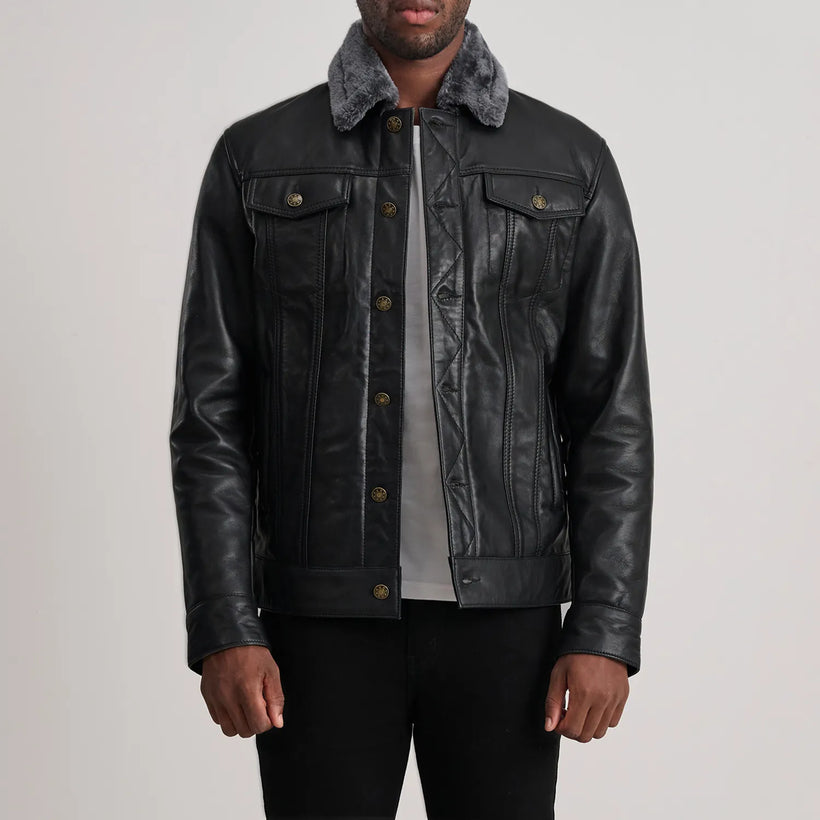Dallis Svart Leather Shearling Trucker Läderjacka för Herr