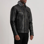 
Dallis Svart Leather Shearling Trucker Läderjacka för Herr - Bakifrån med perfekt axelpassform och ren fåll
