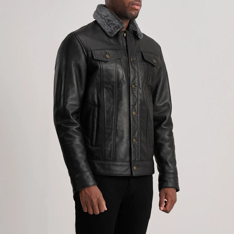 Dallis Svart Leather Shearling Trucker Läderjacka för Herr