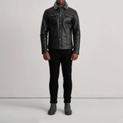 
Dallis Svart Leather Shearling Trucker Läderjacka för Herr - Sidoprofil som visar ärmskärning