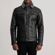 
Närbildsdetalj of Classic Collar & Button Hardware on Dallis Svart Leather Shearling Trucker Läderjacka för Herr