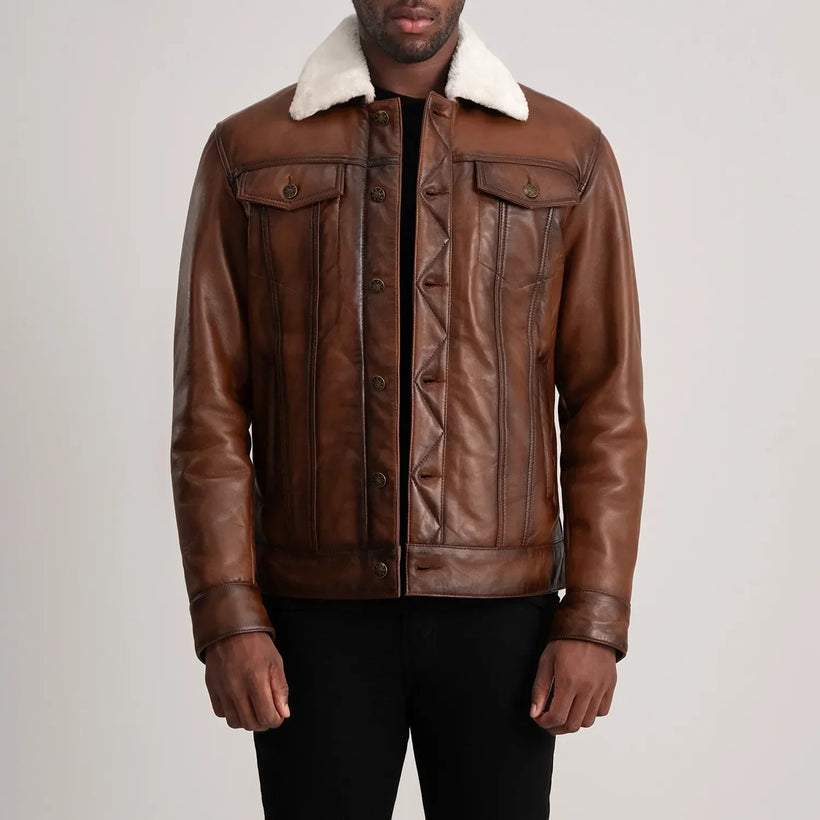 Dallis Brun Leather Shearling Trucker Läderjacka för Herr