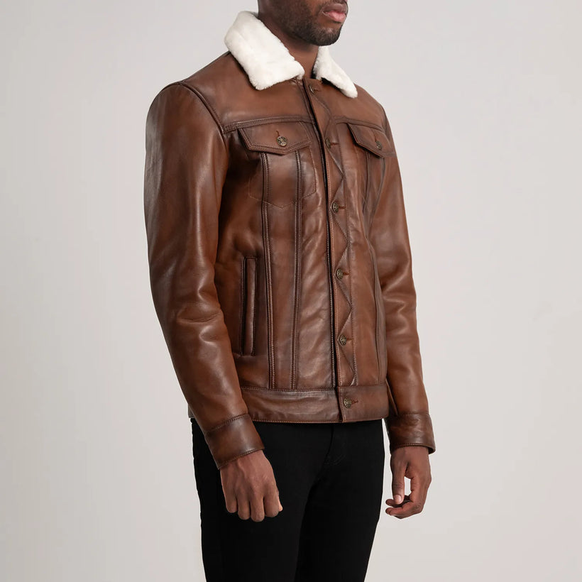 Dallis Brun Leather Shearling Trucker Läderjacka för Herr