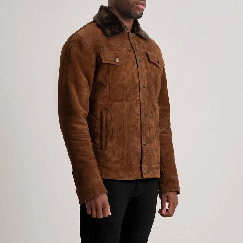 Dallis Brun Suede Shearling Trucker Läderjacka för Herr