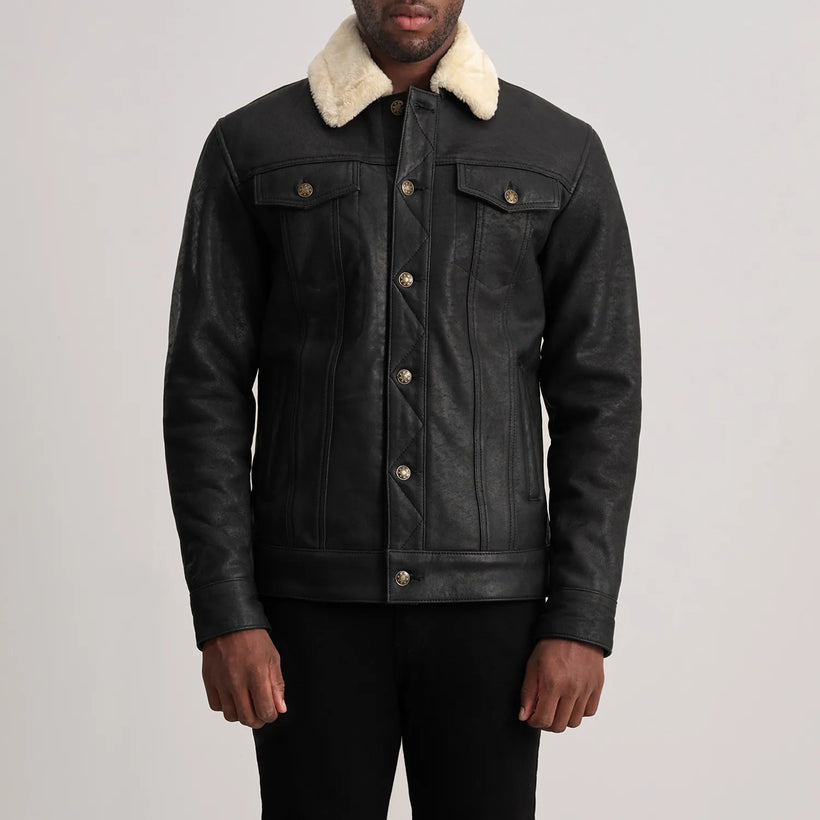 Dallis Distressed Svart Leather Shearling Trucker Läderjacka för Herr