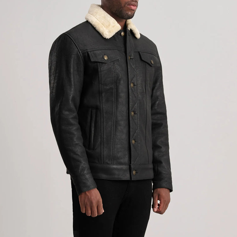 Dallis Distressed Svart Leather Shearling Trucker Läderjacka för Herr