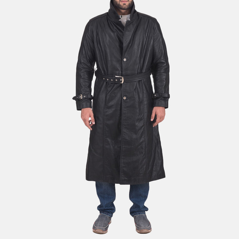 Daniel Svart Leather Trench Coat för Herr