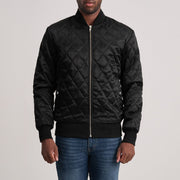 Danson Quilted Svart Varsity Läderjacka för Herr in Black Satin - Front Profile View &amp; Tailored Silhouette | Buy Online