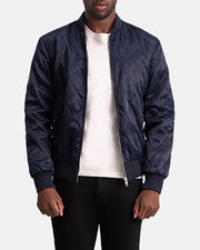 Danson Quilted Blue Varsity Läderjacka för Herr - Lateral Side Profile View Showing Sleeve Cut &amp; Athletic Taper Fit