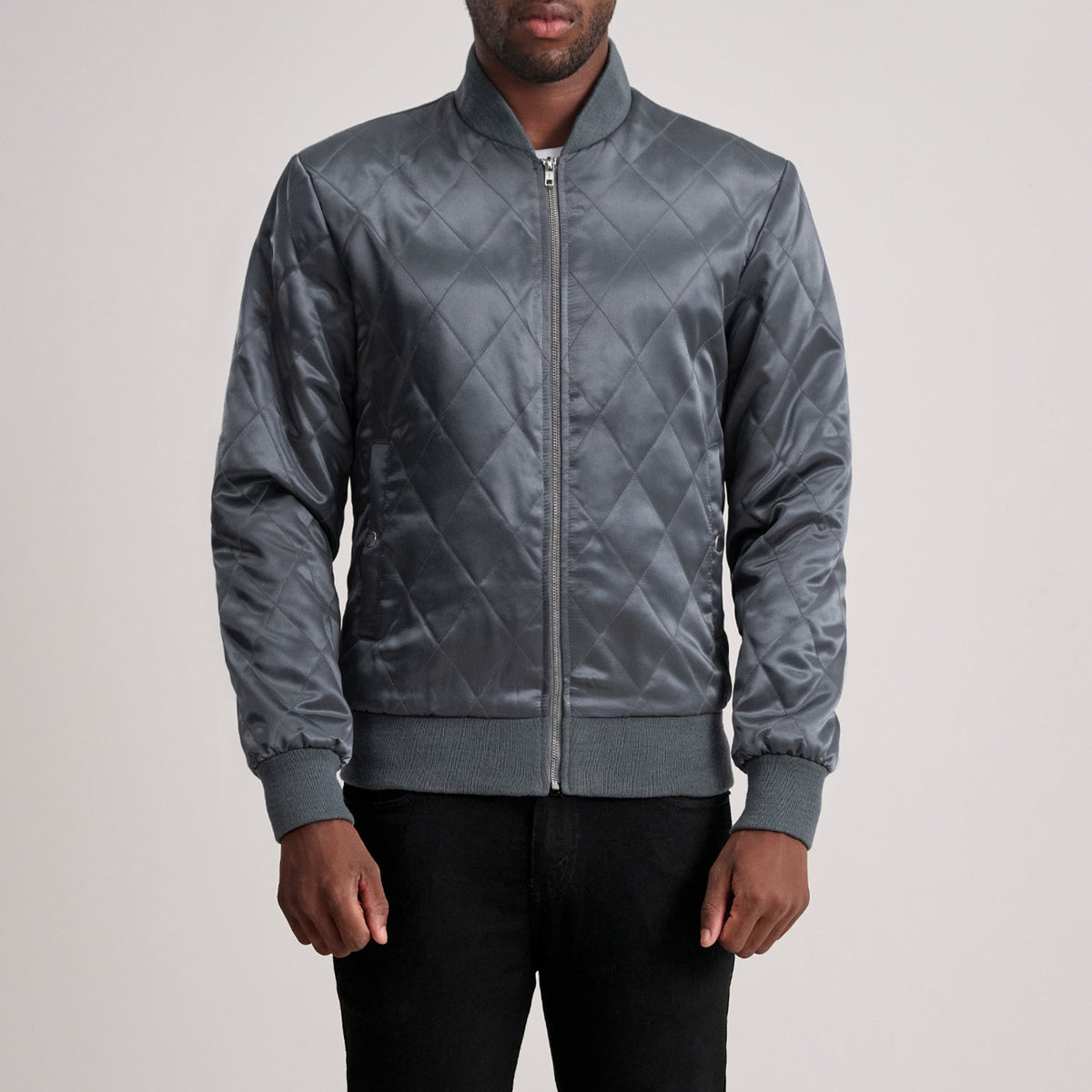 Danson Quilted Grey Varsity Läderjacka för Herr in Grey Satin - Front Profile View &amp; Tailored Silhouette | Buy Online
