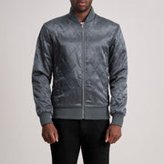 Danson Quilted Grey Varsity Läderjacka för Herr in Grey Satin - Front Profile View &amp; Tailored Silhouette | Buy Online