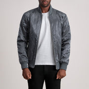 Danson Quilted Grey Varsity Läderjacka för Herr - Lateral Side Profile View Showing Sleeve Cut &amp; Athletic Taper Fit