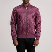 Danson Quilted Maroon Varsity Läderjacka för Herr in Maroon Satin - Front Profile View &amp; Tailored Silhouette | Buy Online