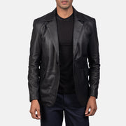 Close-Up Detail of Notch &amp; Button Hardware on Men's Daron Svart Leather Blazer för Herr