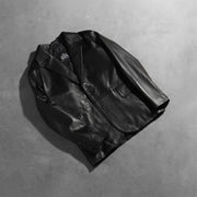 Open Hem &amp; Hem Craftsmanship Construction Detail on Men's Daron Svart Leather Blazer för Herr