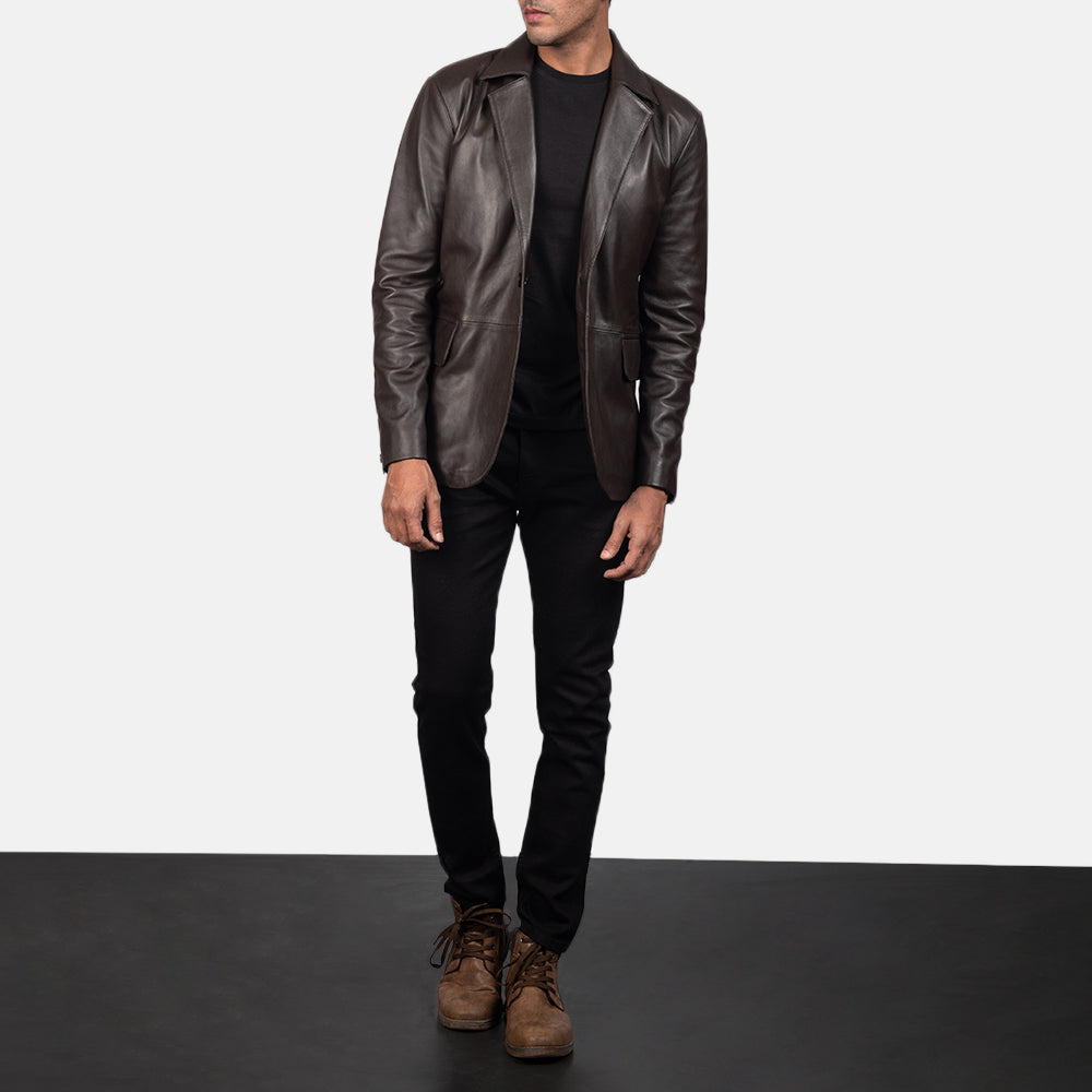Daron Brun Leather Blazer för Herr - Lateral Side Profile View Showing Sleeve Cut &amp; Athletic Taper Fit