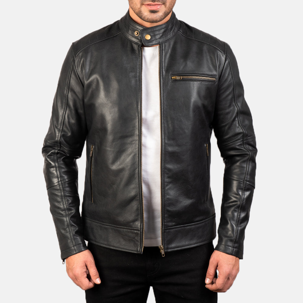 Dean Svart Bikerjacka i Läder för Herr in Black Cow Hide Leather - Front Profile View &amp; Tailored Silhouette | Buy Online