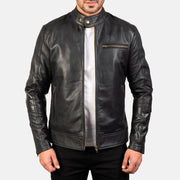 Dean Svart Bikerjacka i Läder för Herr in Black Cow Hide Leather - Front Profile View &amp; Tailored Silhouette | Buy Online