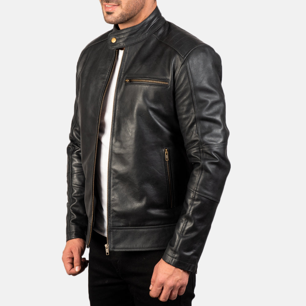 Dean Svart Bikerjacka i Läder för Herr - Back View Showing Tailored Shoulder Fit &amp; Clean Hemline