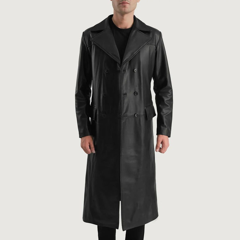 Delmar Svart Leather Double-Breasted Coat för Herr