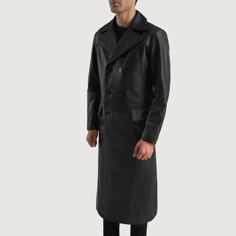 Delmar Svart Leather Double-Breasted Coat för Herr