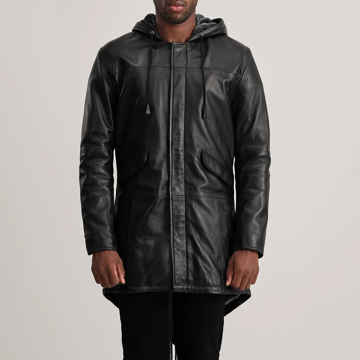
Närbildsdetalj of Hooded & Zipper with Placket Hardware on Delvin Tan Leather Parka