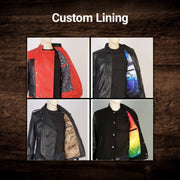 
Passformsperspektiv på  Design Your Custom Leather Jacket | Free Shipping & Alteration på modell i naturligt dagsljus