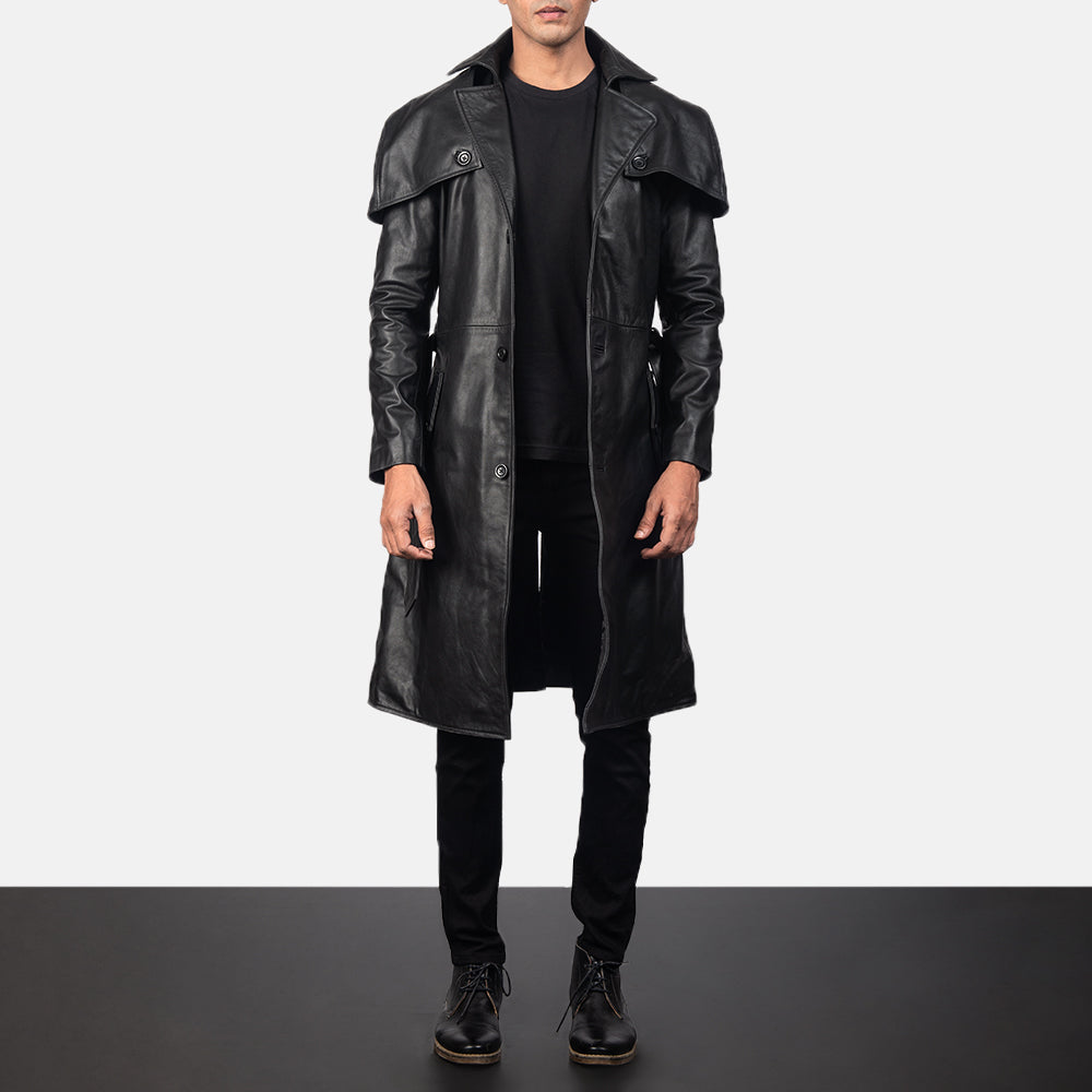 Men's Deux Svart Leather Duster för Herr in Black Cowhide Leather - Front Profile View &amp; Tailored Silhouette | Buy Online