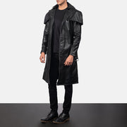 Men's Deux Svart Leather Duster för Herr - Lateral Side Profile View Showing Sleeve Cut &amp; Athletic Taper Fit