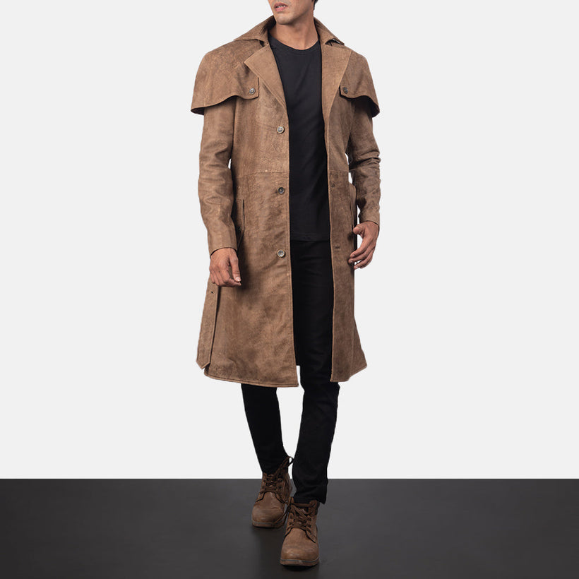 Deux Brun Leather Duster för Herr