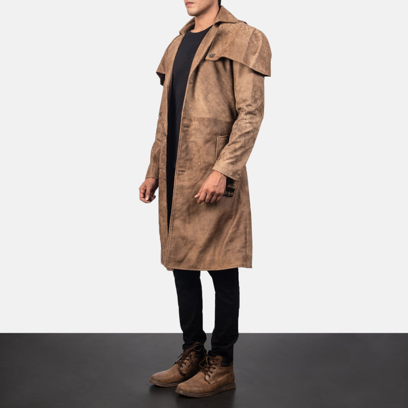 Deux Brun Leather Duster för Herr