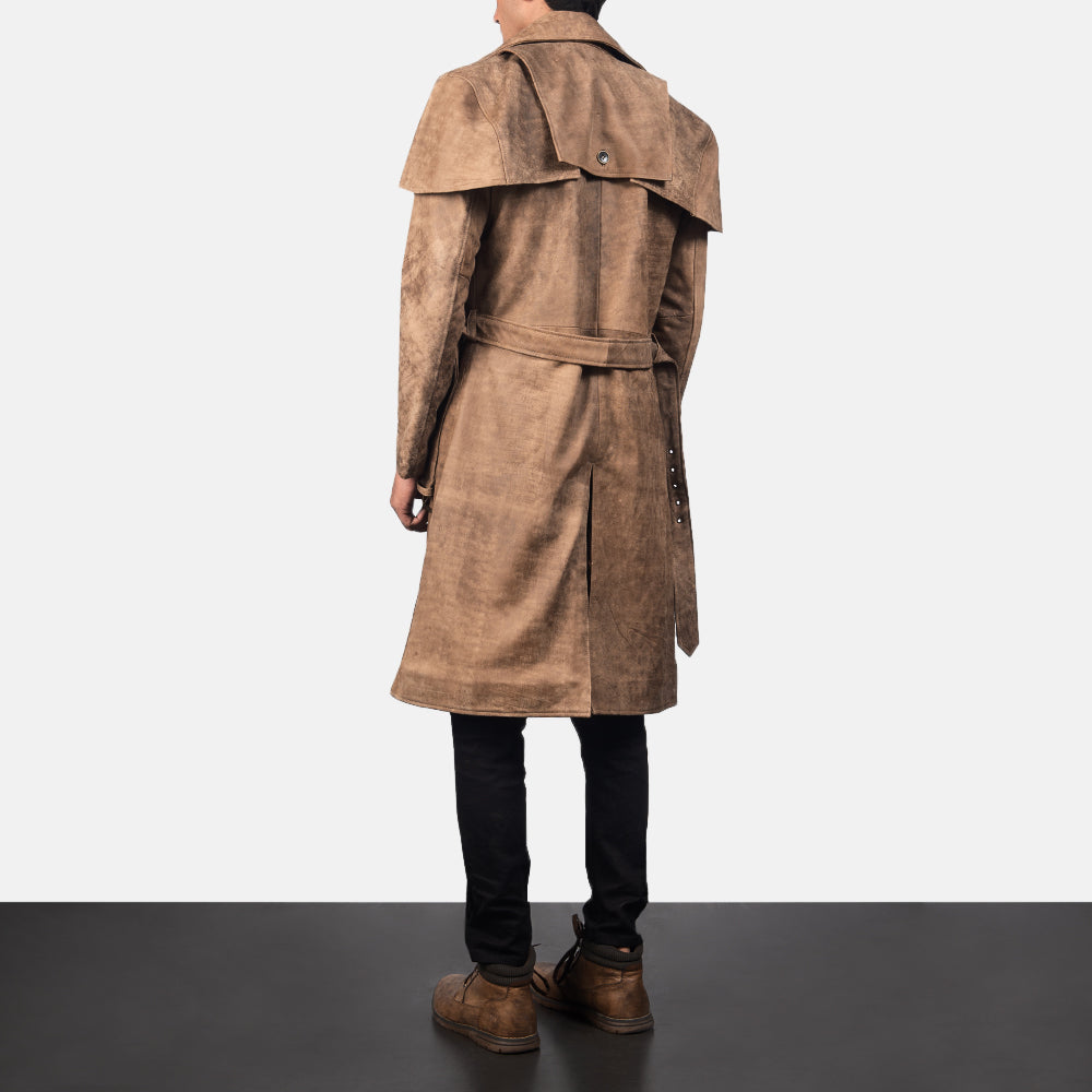 Men's Deux Brun Leather Duster för Herr - Lateral Side Profile View Showing Sleeve Cut &amp; Athletic Taper Fit