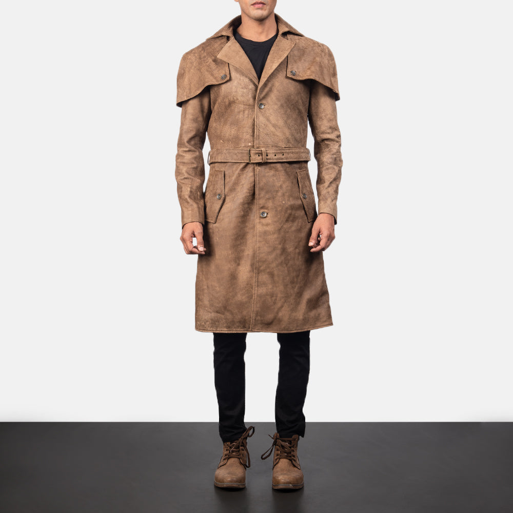 Close-Up Detail of Classic Collar &amp; Buttons + Belt Hardware on Men's Deux Brun Leather Duster för Herr