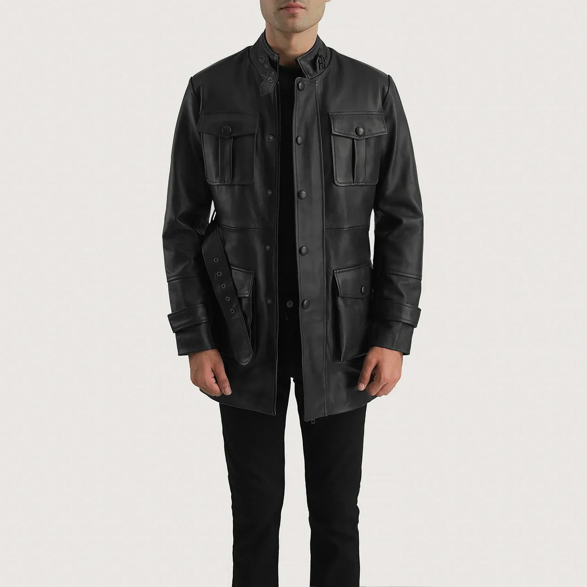 Dolf Svart Läderjacka för Herr in Black Cowhide Leather - Front Profile View &amp; Tailored Silhouette | Buy Online