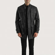 Dolf Svart Läderjacka för Herr in Black Cowhide Leather - Front Profile View &amp; Tailored Silhouette | Buy Online