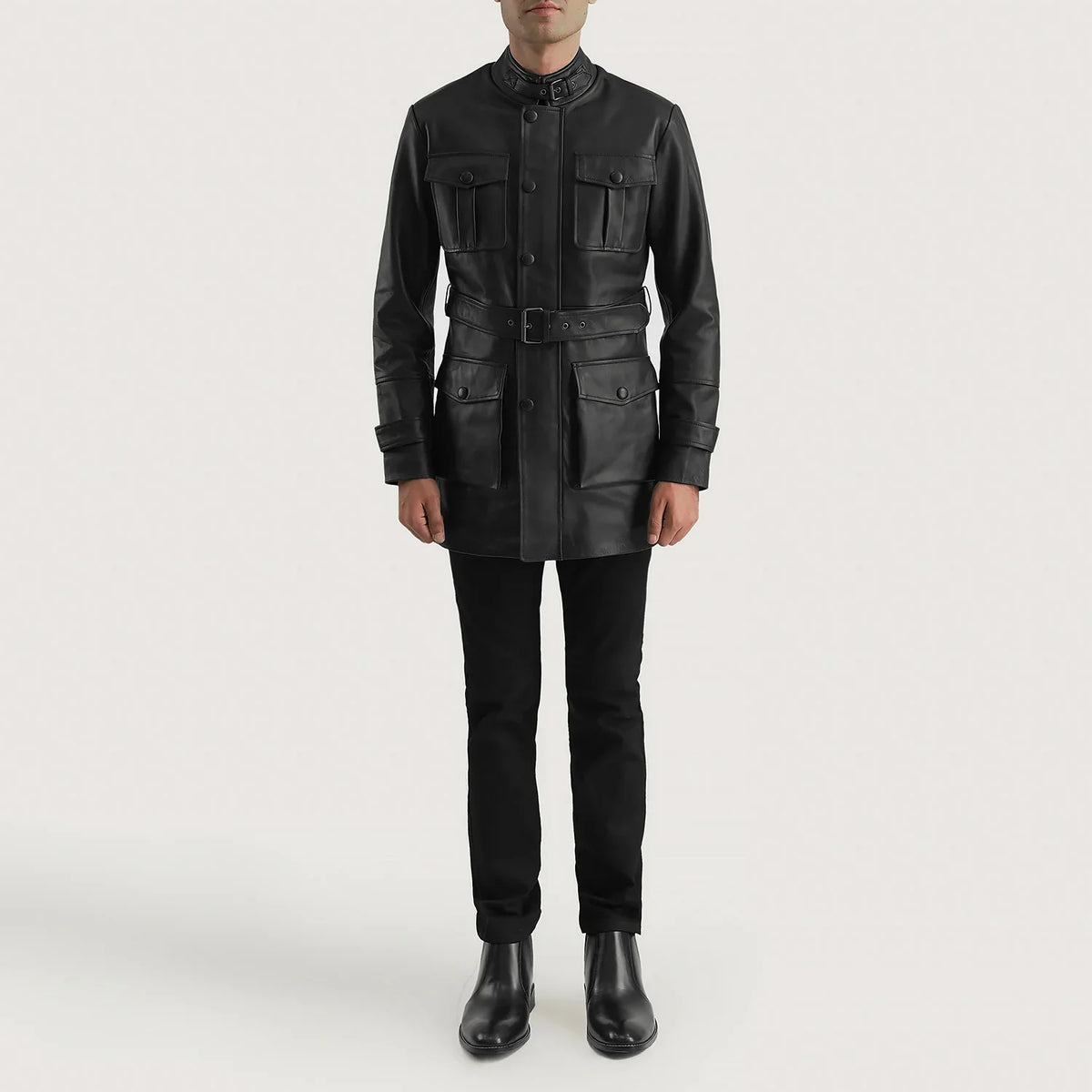 Dolf Svart Läderjacka för Herr - Lateral Side Profile View Showing Sleeve Cut &amp; Athletic Taper Fit