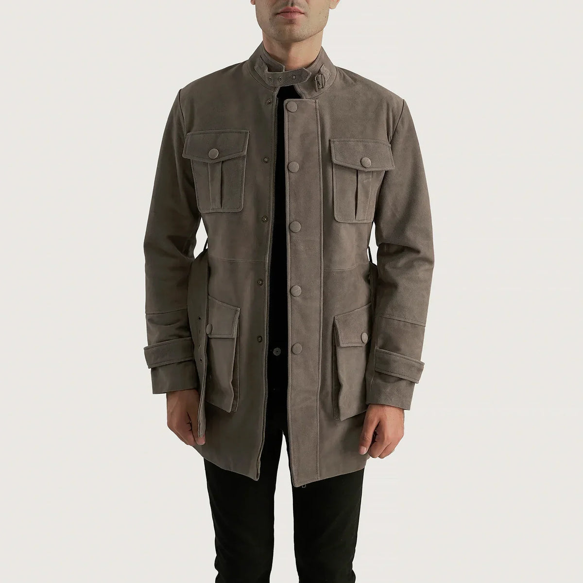 Dolf Grey Suede Läderjacka för Herr in Grey Cowhide Suede - Front Profile View &amp; Tailored Silhouette | Buy Online