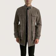 Dolf Grey Suede Läderjacka för Herr in Grey Cowhide Suede - Front Profile View &amp; Tailored Silhouette | Buy Online