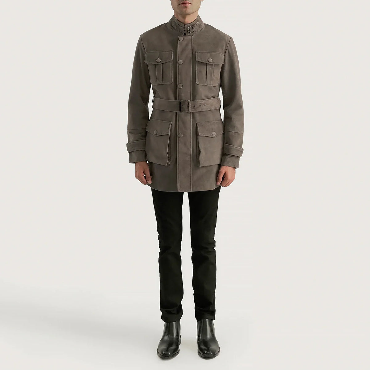Dolf Grey Suede Läderjacka för Herr - Lateral Side Profile View Showing Sleeve Cut &amp; Athletic Taper Fit