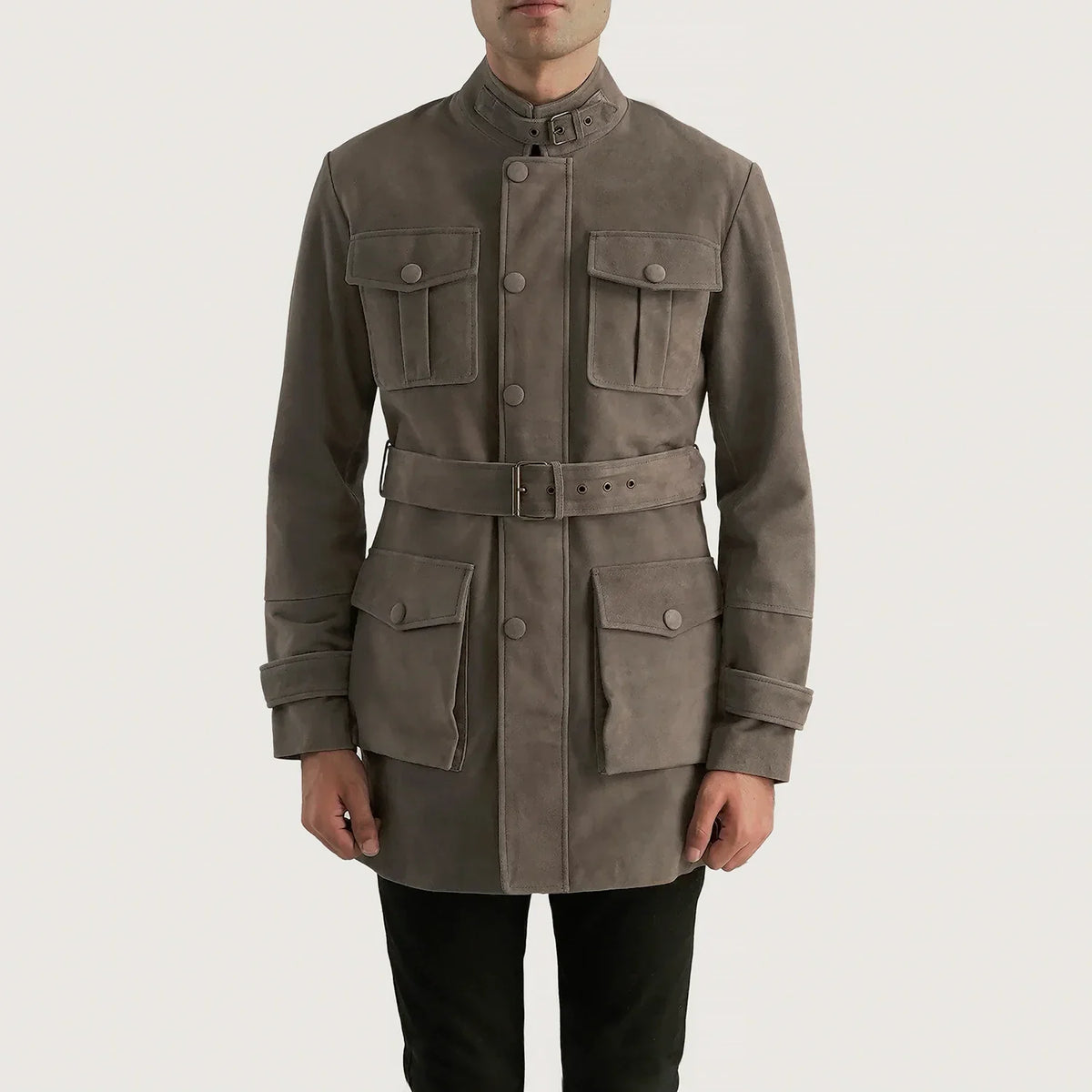 Close-Up Detail of High neck with Belt &amp; Snap button Hardware on Dolf Grey Suede Läderjacka för Herr