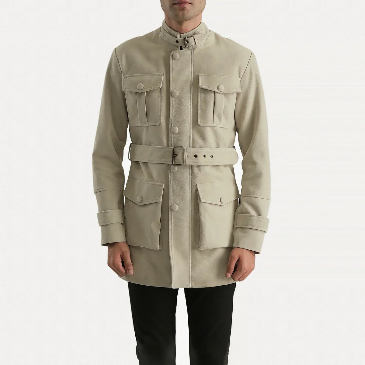 Dolf Off-White Suede Läderjacka för Herr in Off-White Cowhide Suede - Front Profile View &amp; Tailored Silhouette | Buy Online