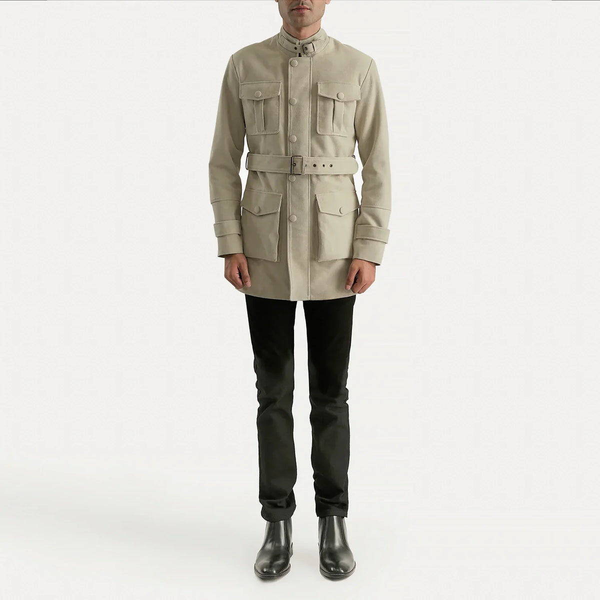 Dolf Off-White Suede Läderjacka för Herr - Lateral Side Profile View Showing Sleeve Cut &amp; Athletic Taper Fit