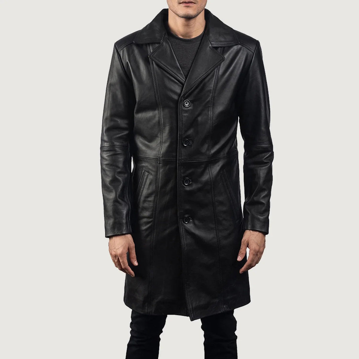 Men's Don Long Svart Leather Coat för Herr - Lateral Side Profile View Showing Sleeve Cut &amp; Athletic Taper Fit