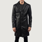 Men's Don Long Svart Leather Coat för Herr - Lateral Side Profile View Showing Sleeve Cut &amp; Athletic Taper Fit